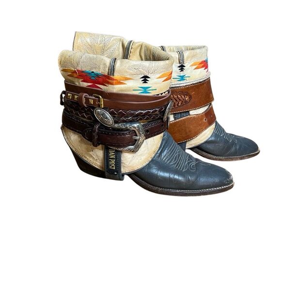 Dan Post Embellished Upcycled Belted Aztec Cowboy Boots Multicolor Size 7.5 - Picture 1 of 7